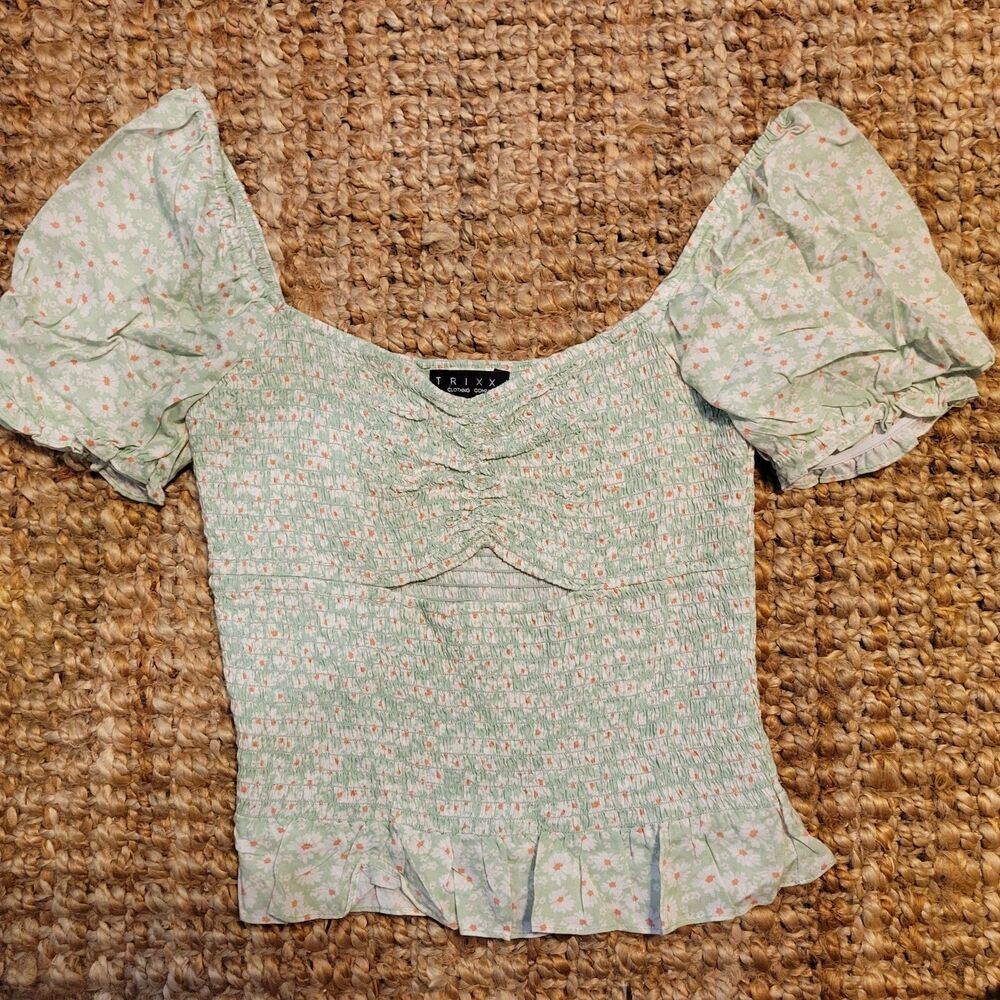Trixxi Floral Smocked Cutout Ruffle Puff Sleeve Romantic Blouse Boho Y2k Top S